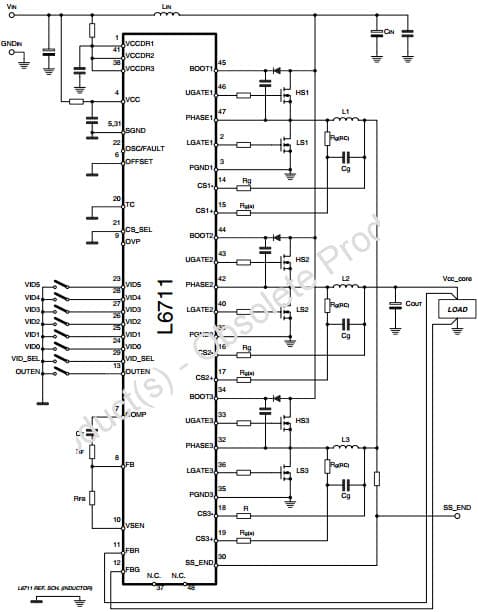 Typical Application for inductor DCR current sense for L6711 3-Phase controller with dynamic VID and selectable DACs