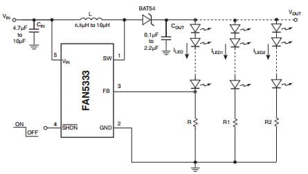 Typical Application for FAN5333B High Efficiency, High Current Serial LED Driver with 30V Integrated Switch