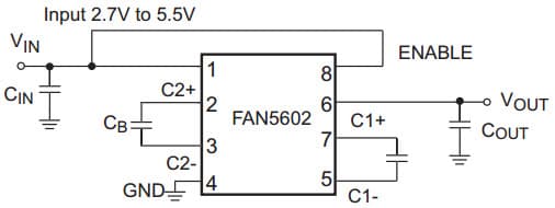 Typical Application for FAN5602MU33X Universal (Step-Up/Step-Down) Charge Pump Regulated DC/DC Converter