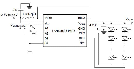 Typical Analog Brightness Circuit for FAN5608 Serial/Parallel LED Driver with Current-Regulated, Step-Up DC/DC Converter