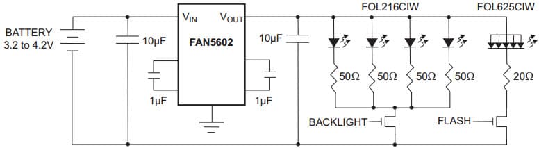 Typical Circuit for Backlighting/Flash Application for FAN5602MU33X Universal (Step-Up/Step-Down) Charge Pump Regulated DC/DC Converter