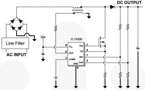 Typical Application Circuit for FL7930 Single-Stage Flyback and Boundary-Mode PFC Controller for Lighting