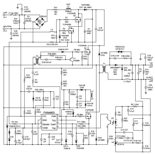 Typical Application Circuit for FAN4803 8-Pin PFC and PWM Controller Combo