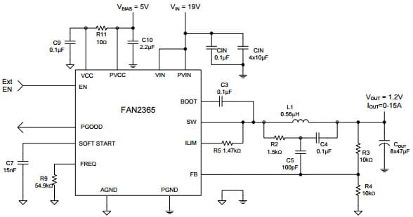 Typical Application for Fan2365 Tiny buck 15 A Integrated Synchronous Buck Regulator