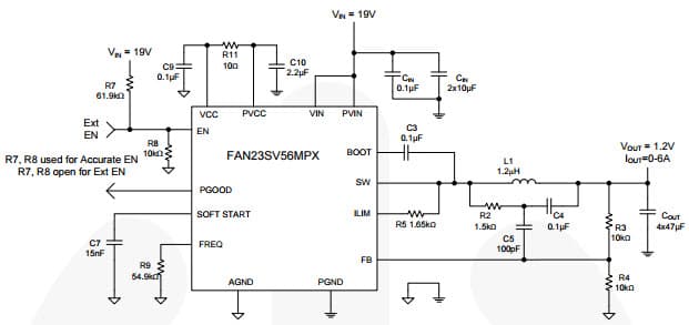 Typical Application with (19V) Vin for FAN23SV56 Tiny Buck 6A Integrated Synchronous Buck Regulator