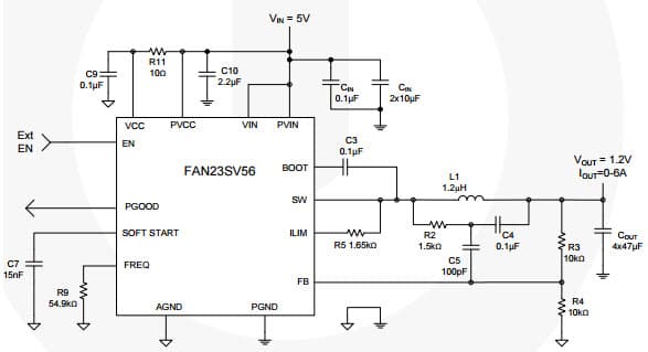 Typical Application with (5V) Vin for FAN23SV56 Tiny Buck 6A Integrated Synchronous Buck Regulator