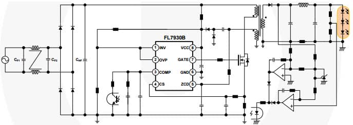 Typical Application Circuit for FL7930 Single-Stage Flyback and Boundary-Mode PFC Controller for Lighting