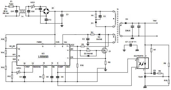 Typical (full-feature, QR operation) Application for L6566B Multi-Mode Controller for SMPS