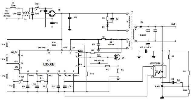 Typical External circuits that determine IC behavior upon OVP and OCP for L6566B Multi-mode controller for SMPS Power Supplies