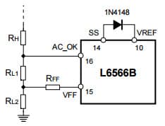 Typical External circuits that determine IC behavior upon OVP and OCP for L6566B Multi-mode controller for SMPS Power Supplies