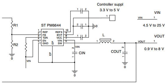 Typical Application for PM6644, Adjustable VOUT configuration, 350 mA adjustable step-down regulator