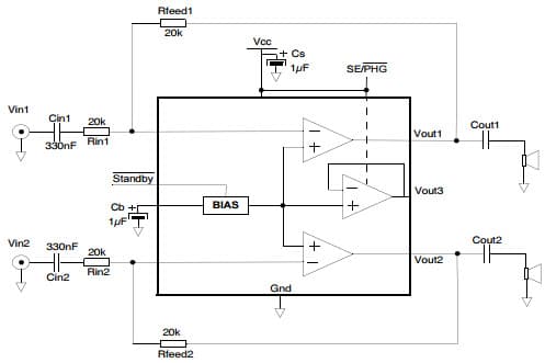 Typical Single-ended configuration Application for TS4909 Dual mode low power 150mW stereo HeadPhone amplifier capacitor-less and single-ended outputs