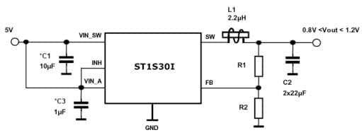 Typical Application circuit for 0.8 V < VOUT < 1.2 V for ST1S30 3 A, 1.5 MHz PWM step-down switching regulator with synchronous rectification