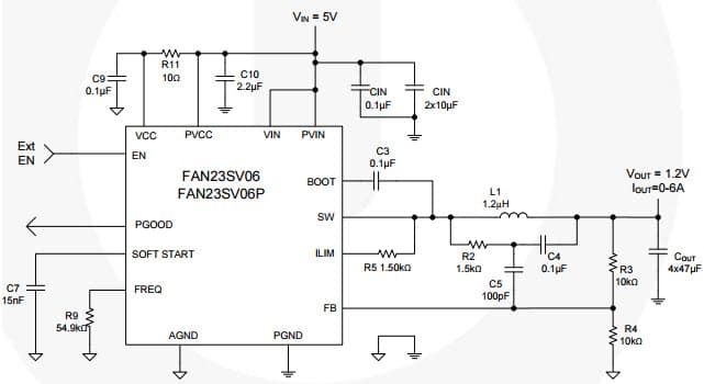 Typical Application with Vin=5V for FAN23SV06 Tiny Buck 6-A Integrated Synchronous Buck Regulator