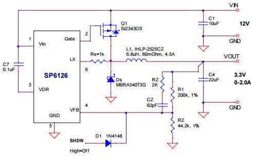 Typical Application circuit of VIN=12V for SP6126 High-Voltage, Step Down Controller in TSOT6