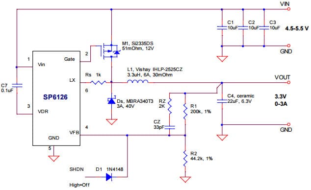 Typical Application circuit of VOUT= 4.5-5.5 V for SP6126 High-Voltage, Step Down Controller in TSOT6