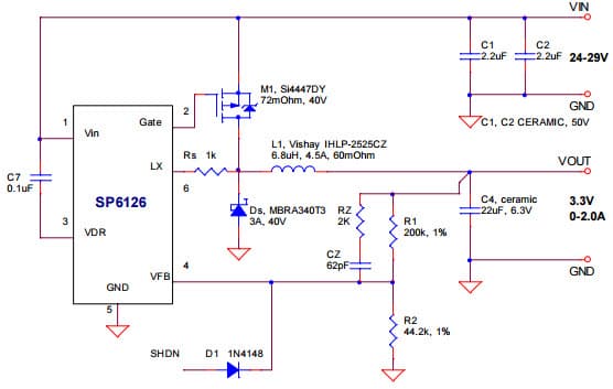 Typical Application circuit of VIN= 24-29V for SP6126 High-Voltage, Step Down Controller in TSOT6