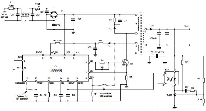 Typical Low-Cost Application for L6566B Multi-Mode Controller for SMPS