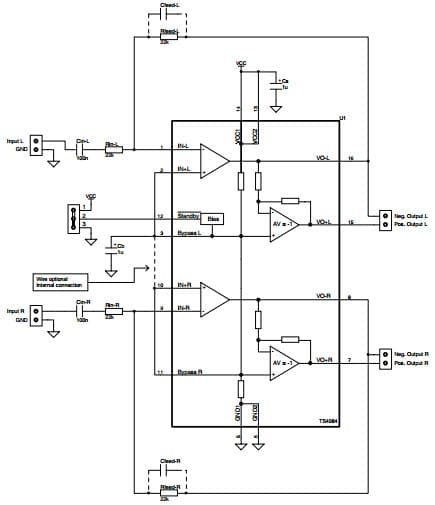 Typical Application for TS4984 2 x 1W Stereo audio power amplifier with active low standby mode