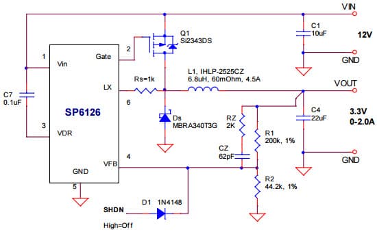 Typical Application circuit for SP6126 High-Voltage, Step Down Controller in TSOT6