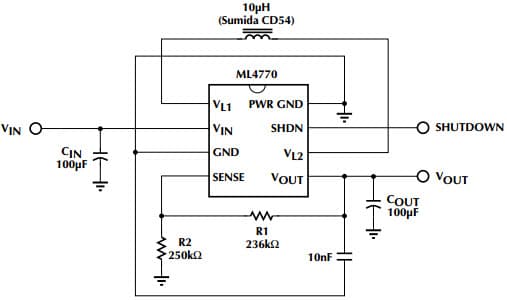 Typical Application Circuit for ML4770 2 Cell, Adjustable Output, High Current Boost Regulator with Load Disconnect