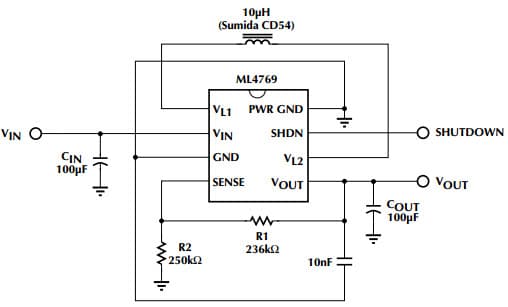 Typical Application Circuit for ML4769ESX 2 Cell, Adjustable Output Boost Regulator with Load Disconnect