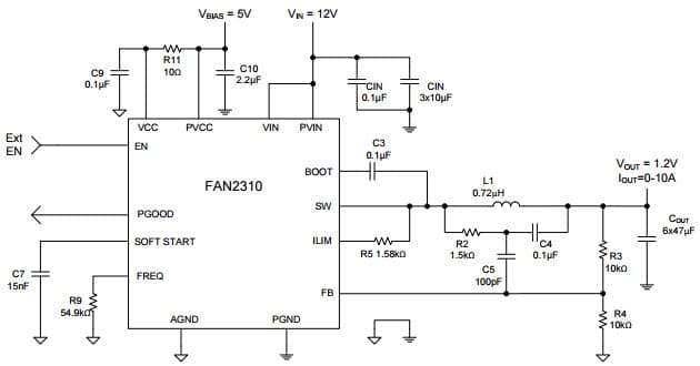 Typical Application for FAN2310 Tiny Buck 10 A Integrated Synchronous Buck Regulator