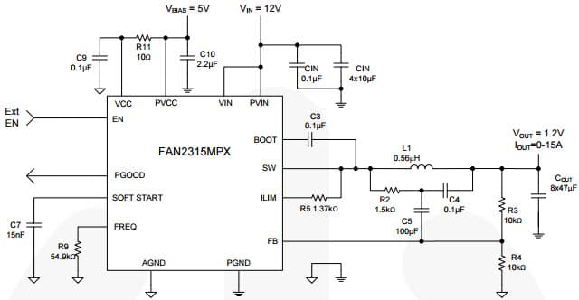 Typical Application for Fan2315 Tiny buck 15 A Integrated Synchronous Buck Regulator