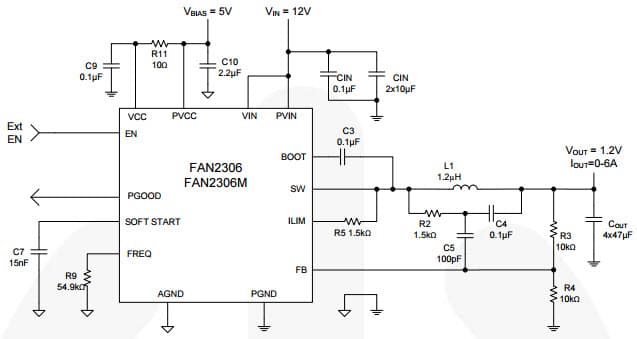 Typical Application Circuit for FAN2306M Tiny Buck 6-A Integrated Synchronous Buck Regulator