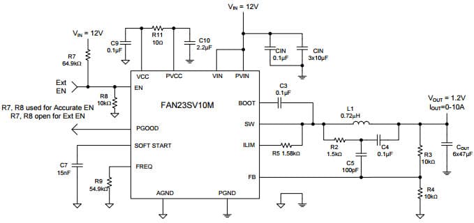 Typical Application with Vin=12V for FAN23SV10M TinyBuck 10-A Integrated Synchronous Buck Regulator