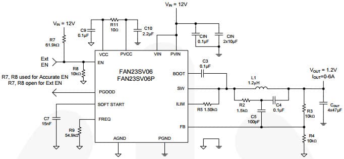 Typical Application with Vin=12V for FAN23SV06 Tiny Buck 6-A Integrated Synchronous Buck Regulator