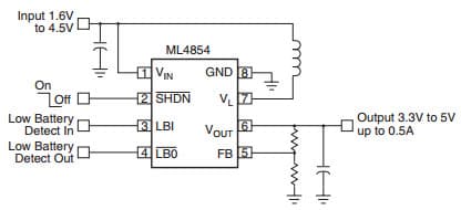 Typical Application for ML4854 Adjustable, Low-Current, 2-Cell Boost Regulator with shut-down and Low Battery Detect