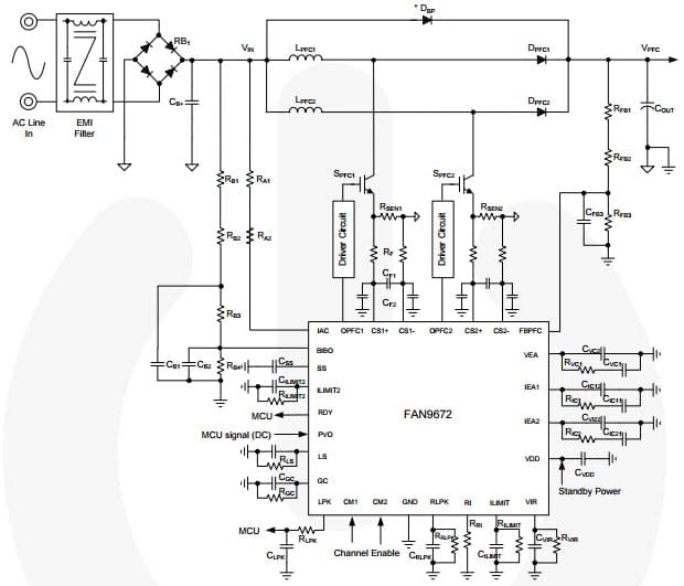 Typical Application Circuit for FAN9672 Two - Channel Interleaved CCM PFC Controller