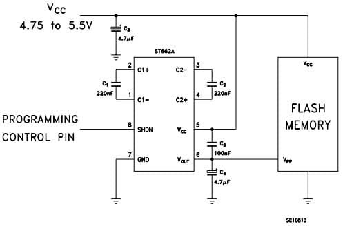 Typical Application for ST662A DC-DC converter from 5 V to 12 V, 0.03 A for Flash memory programming supply