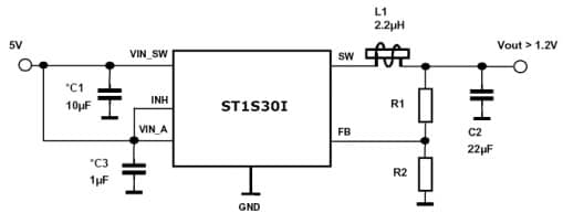 Typical Application circuit for VOUT > 1.2 V for ST1S30 3 A, 1.5 MHz PWM step-down switching regulator with synchronous rectification