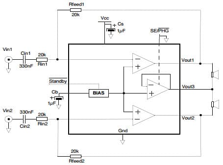 Typical Phantom ground configuration Application for TS4909 Dual mode low power 150mW stereo HeadPhone amplifier capacitor-less and single-ended outputs