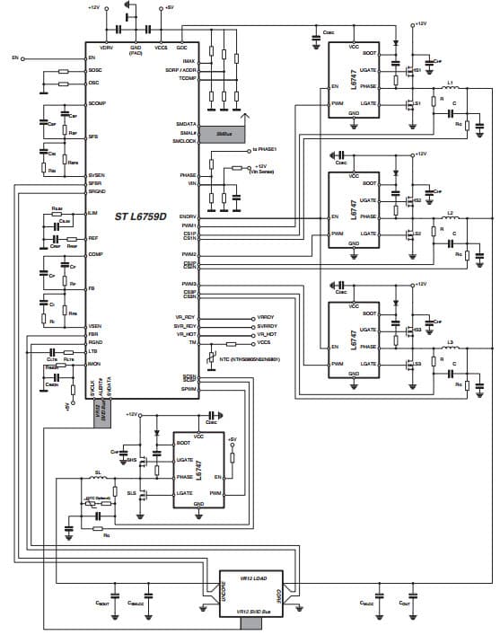 Typical 3-phase Application for L6759D 3+1 dual controller for VR12 with PMBus