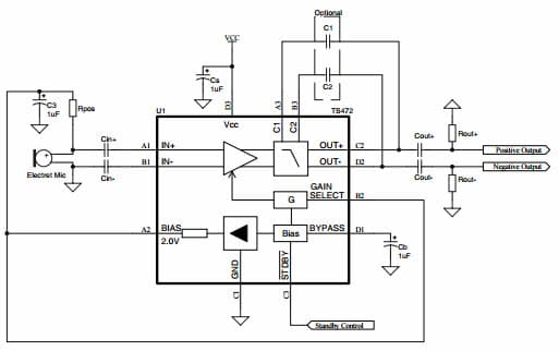 Typical Application for TS472 Very low noise microphone Pre-Amplifier with 2.0V bias output and active low standby mode