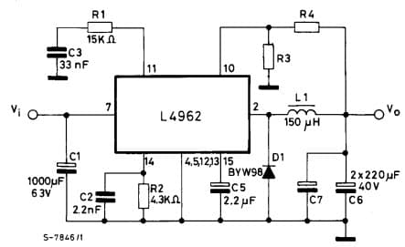 Typical Application for L4962 1.5A Power Switching Regulator