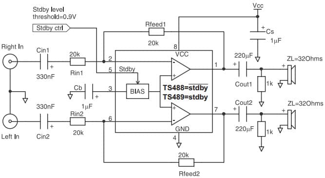 Typical Application for TS489IST Pop-free 120mW stereo HeadPhone amplifier