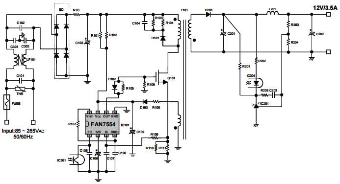 Typical Application Circuit for FAN7554 Flyback Converter Demo Circuit (Fsw=100kHz) for FAN7554 is a fixed frequency current mode PWM controller