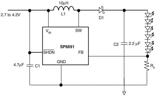 Typical Application for SP6691 Micro Power Boost Regulator Series White LED Driver