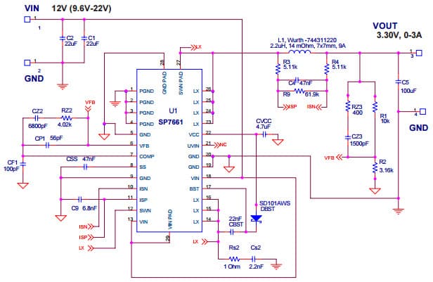 Typical Application Circuit for SP7661 Wide Input Voltage Range 3A, 600kHz, Buck Regulator