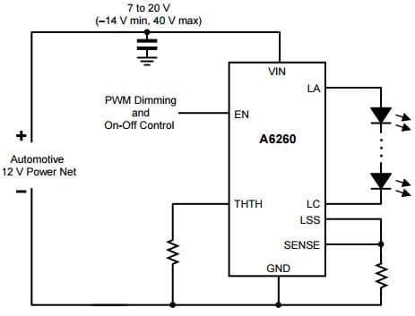 Typical Application for A6260KLJ-T High Brightness LED Current Regulator