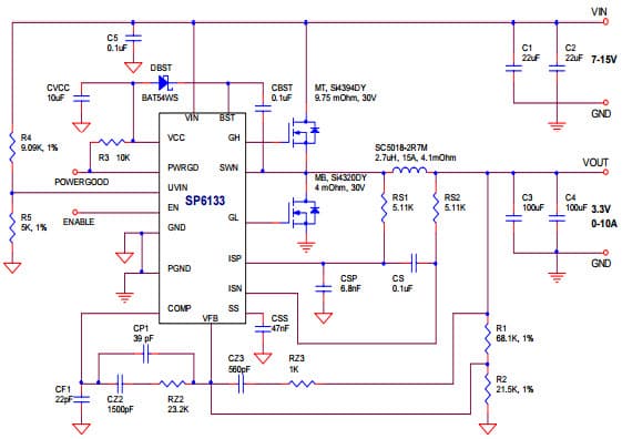 Typical Application Circuit for SP6133 Synchronous Buck Controller for circuit showing wide input range