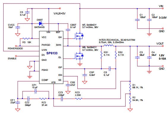 Typical Application Circuit for SP6133, 3.3V Input Buck Regulator with auxiliary 5V