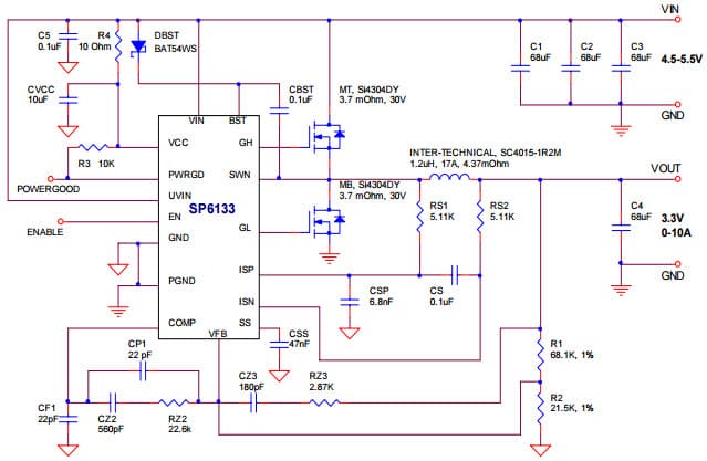 Typical Application Circuit for SP6133, 5V Input Synchronous Buck Controller