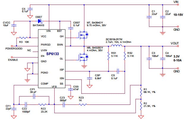 Typical Application Circuit for SP6133, 10V-15V Input Buck Regulator