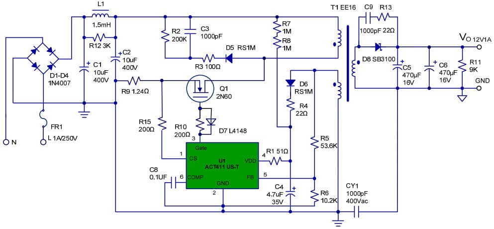 Typical Application for ACT411 Universal VAC Input, 12V/1A Output Charger