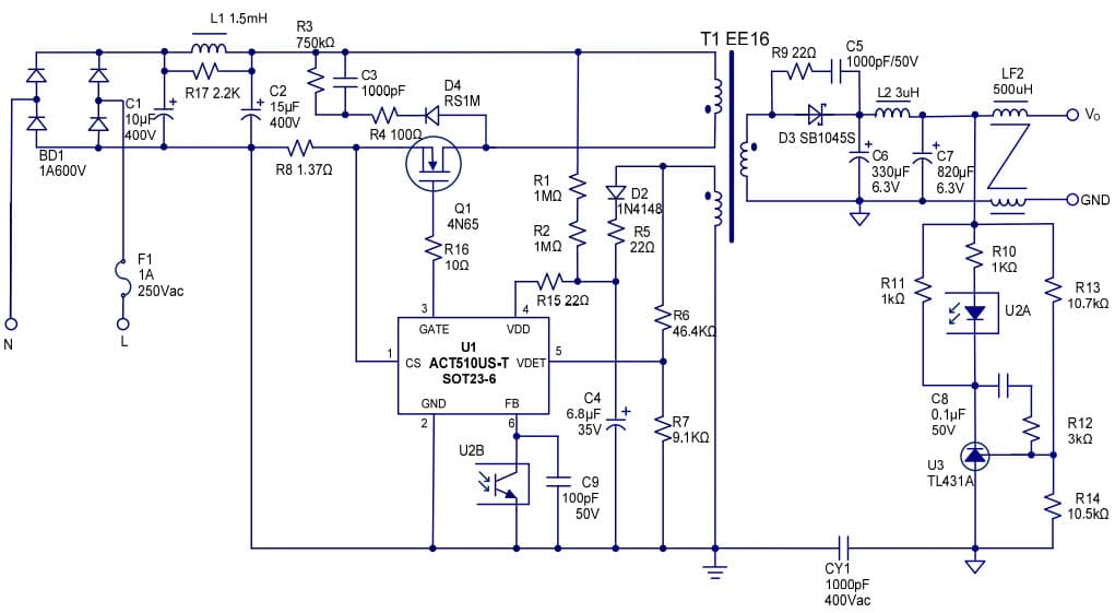 Typical Application for Universal VAC Input, 5V/2A Output Charger Using ACT510 Quasi-Resonant PWM Controller